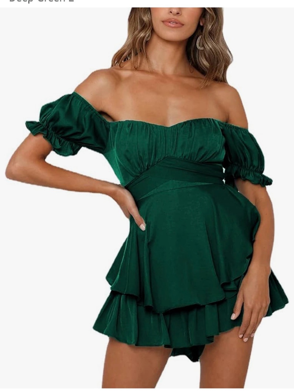 Off-Shoulder Emerald Green Tiered Mini Dress